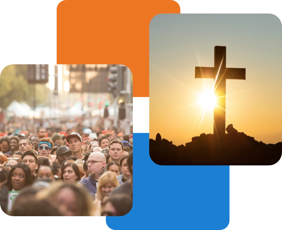 Menschenmenge und Kreuz im Sonnenuntergang als Sinnbild für Evangelisation